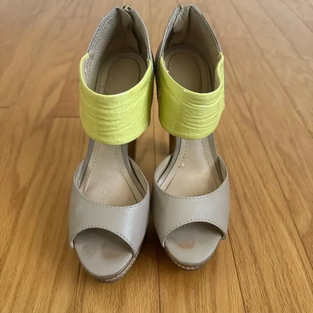 Biondini  sz‎ 6 Gray Yellow Sandals Open Toe Leather Ankle Strap platform heels
